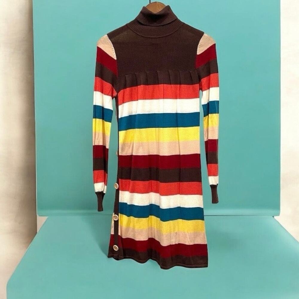 J.J. Basics Women's Striped Turtleneck Sweater Dress with Button Detail - Size S